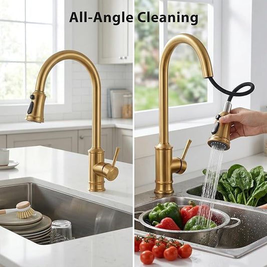 Gold Brushed Nickel Kitchen Faucet with Pull Down Sprayer, Vintage 3 Mode Sprayer Kitchen Sink Faucet for Praticial Use, Antique Farmhouse Style, Deck Mount