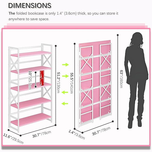 4NM Extra Wide 5 Tiers No Assembly Book Shelves, 51.2" H Folding Bookshelf Bookcase Open Industrial Foldable Shelves for Bedroom, Living Room, Home Office - Pink White
