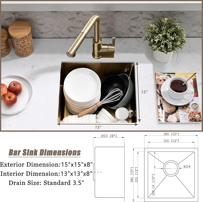 15 Inch Gold Undermount Bar Sink, 15x15 Bar Sink Undermount Gold Small Wet Bar 18 Gauge Single Bowl Stainless Steel Kitchen Sinks with Basket Strainer