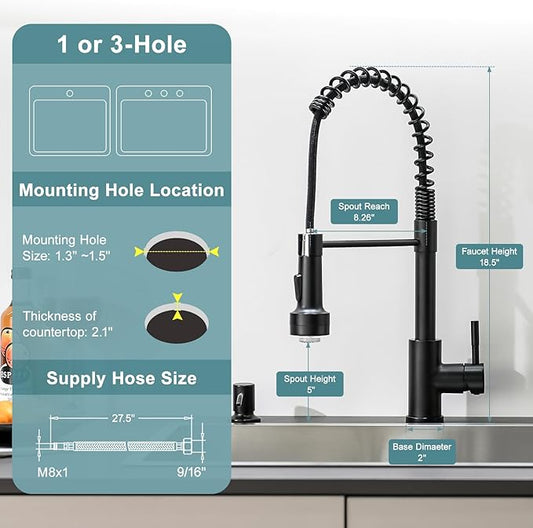 GIMILI Black Kitchen Faucet with Soap Dispenser Single Hole Pull Down Sprayer LED Faucet, Suitable for Farmhouses, RV, Laundry Room, Outdoor, and Campers. Llave para fregadero de cocina