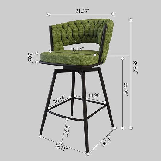 Modern Dining Chairs,Upholstered Linen Woven 360°Swivel Bar Island Chair & Black Footrest(Set of 2),Comfortable Curved Backrests Seat,Applicable to Kitchen,Living Room,Outdoor Lounge,Patio,Green