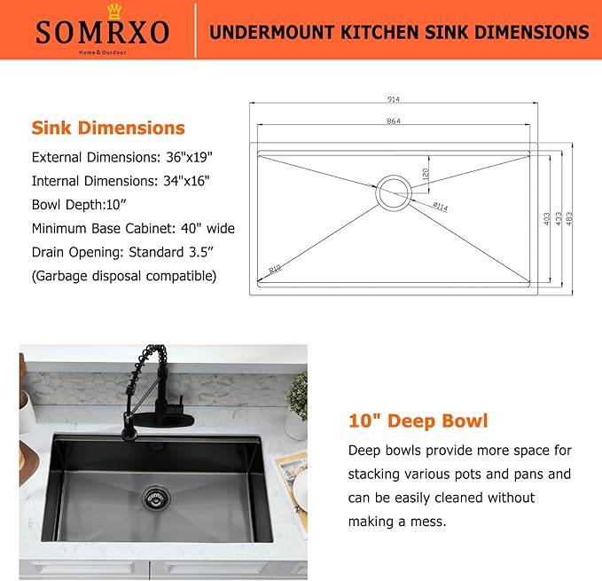 36x19 Black Undermount Kitchen Sink - 16 Gauge Stainless Steel Black Kitchen Sink Undermount 36 Inch,10 Inch Deep Single Bowl Workstation Sinks Includes Cutting Board & Colander