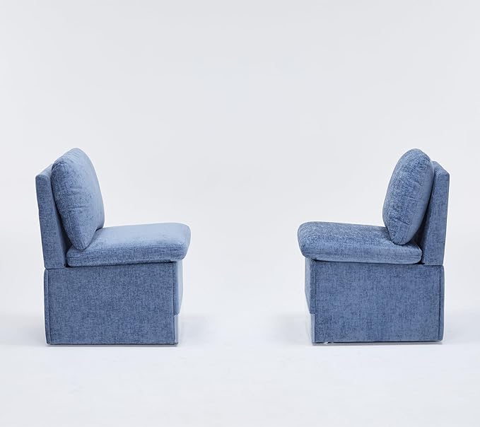 Set of 2 Linen Upholstered Armless Dining Chair with Casters and Storage Space, Modern Dining Room Chairs with Wheels for Dining Room Kitchen Bedroom Reading Room Living Room, Blue