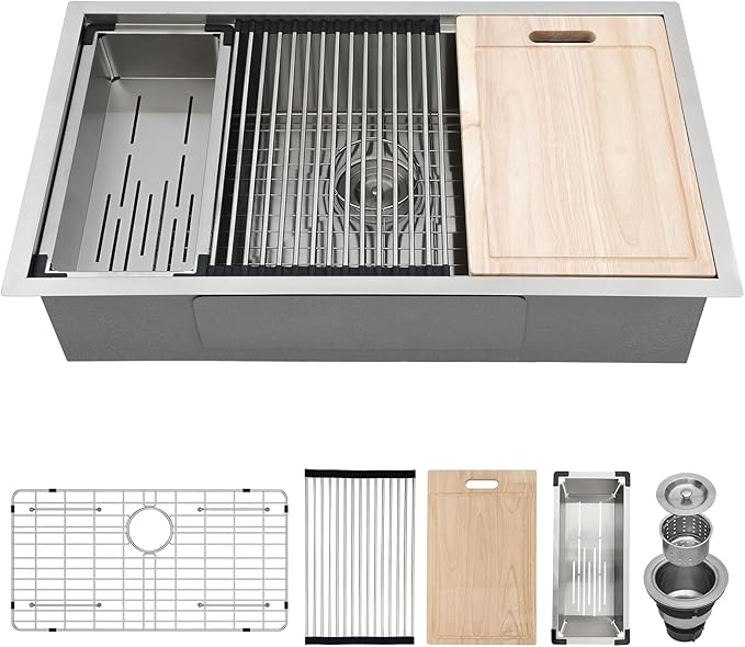 33 Undermount Kitchen Sink Stainless Steel 16 Gauge 33x19x9 Inch Ledge Workstation Single Bowl Kitchen Sink with Round Corners Under Counter Basin