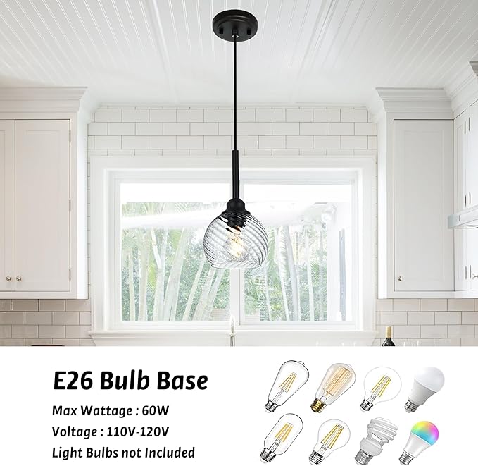 2 Pack Pendant Lights Kitchen Island with Clear Striped Swirl Globe Glass, Modern Hanging Light Fixtures Semi Flush Mount Stylish Black Pendant Lighting for Dining Room Hallway Bedroom Bar