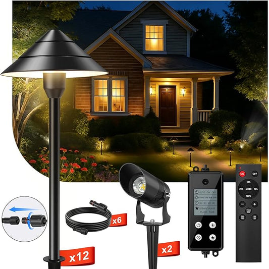 Low Voltage Landscape Lighting, 14-Pack Aluminum Path Lights with 72W Controller, 12 Pathway Lights+2 Spotlights, 140FT, 3000K, IP65 Waterproof, Timer & Remote, Plug and Play, 3-Year Warranty