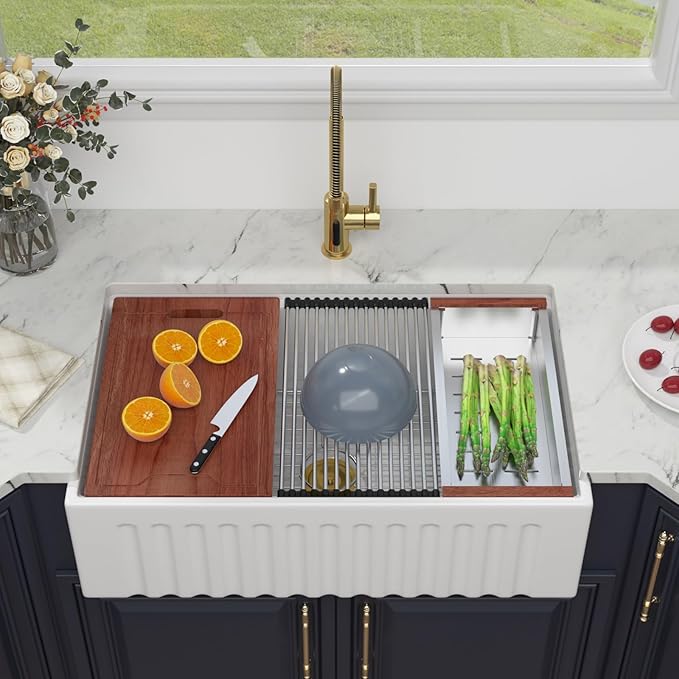 Kichae 33 White Farmhouse Kitchen Sink - 33X20 Inch Ledge Workstation Reversible Fluted Apron Front Ceramic Porcelain Farm Sinks Single Bowl with Gold Drain