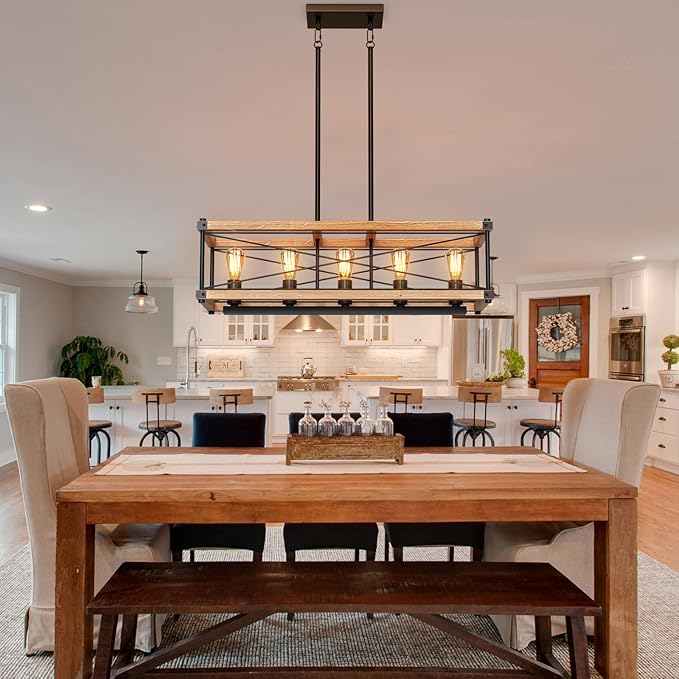 Farmhouse Kitchen Island Lighting, 5-Light Solid Wood 31.5” Dining Room Pendant Light Fixtures, Rustic Chandelier with Adjustable Height for Dining Room Kitchen Bar Pool Table (Natural Wood)