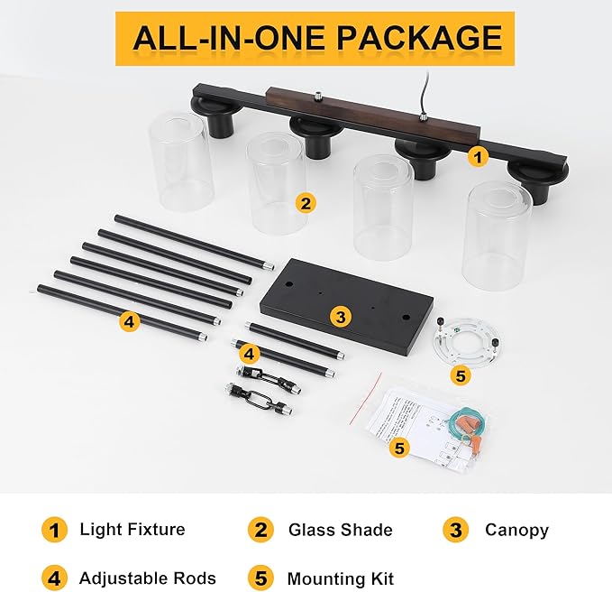 Mecgirn Farmhouse Dining Room Light Fixtures Over Table, Black Pendant Lights for Kitchen Island, 4 Light Linear Chandelier Lighting with Wood