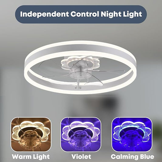 Fszdorj Ceiling Fan with Light, Upgraded 20‘’ Low Profile Fan, Flush Mount Ceiling Fan, 6 Speeds, Dimmable LED, App & Remote Control, Quiet DC Motor, for Bedroom, Living Room, F105 White