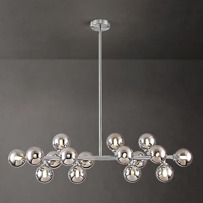 16-Light Globe Sputnik Chandelier, Mid Century Modern Light Fixture Over Table, Chrome Silver Linear Chandeliers for Dining Room and Kitchen Island (Smoke Grey Glass Bubble Shades, 40 Inch)