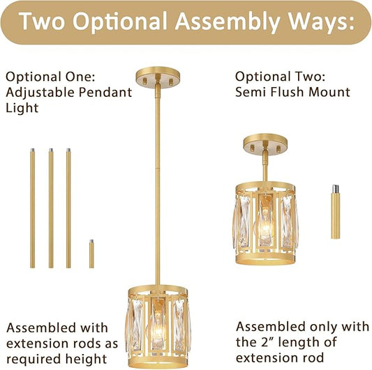 3-Pack Pendant Light Fixtures with K9 Crystals, Kitchen Island Lighting, Dining Room Light Fixture, Mini Chandelier for Kitchen Lights Ceiling, Foyer Lighting Fixtures, Gold Light Fixture