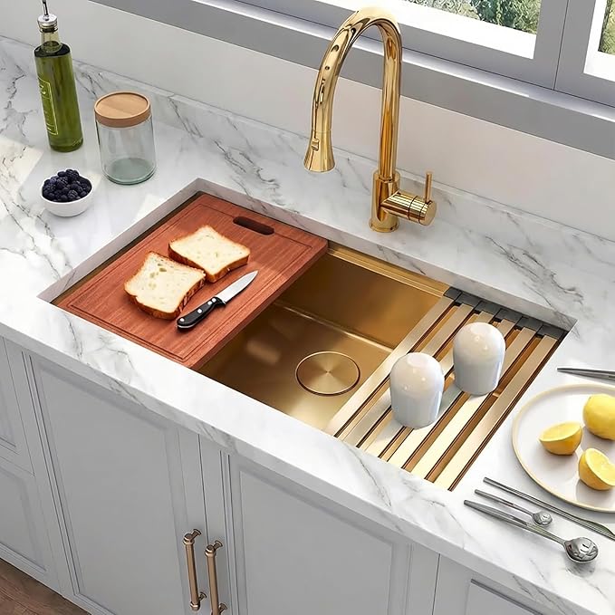 Gold Undermount Kitchen Sink 33 Inch,16 Gauge SUS304 Stainless Steel All In One Workstation Sinks With Full Set Accessories, 33" x 18" x 10" Large and Deep Handmade Single Bowl Kitchen Sinks