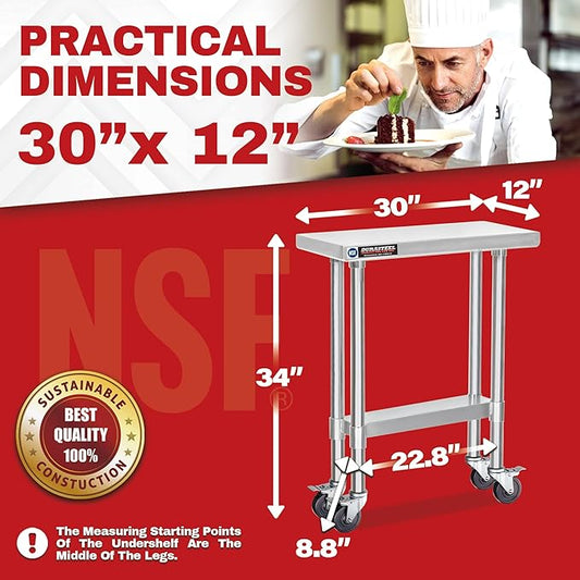 DuraSteel 30x12 NSF Stainless Steel Cart - Heavy Duty Rolling Food Prep Table with Undershelf - Metal Utility Cart for Commercial Restaurant Kitchen, Laundry, Side Mixer Stand
