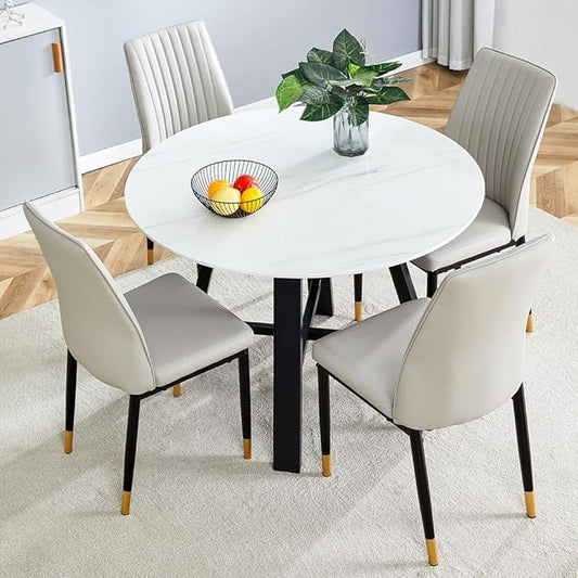 Round Dining Table Set for 4, Round Dining Room Table Set for 4 with Metal Leg and 4 Chair, Small Dining Table Set for 4, Kitchen Island with Seating for Small Spaces