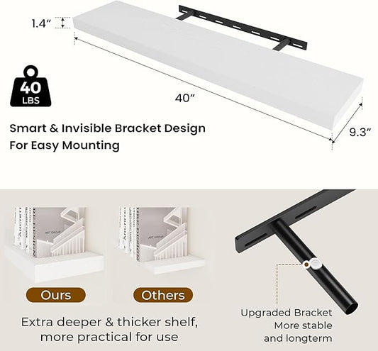 Dreamland 40 Inch Long Floating Shelves in White,9.3 Inch Deep Floating Shelf for Wall,Large Display & Storage Shelf, Wall Shelf for Bathroom Bedroom Living Room Kitchen Office,Set of 2