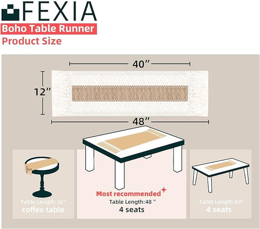 FEXIA Boho Table Runner 48 Inches Long with Tassels Christmas Thanksgiving Farmhouse Home Decor Rustic Cream & Brown Macrame Table Runner for Dining Bedroom Baby Bridal Shower Decor(12x48 Inches)