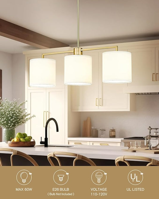 Emak Modern 3-Light Dining Room Light Fixtures Over Table, 34 Inch Linear Chandelier with White Linen Drum Shade, Brushed Gold Island Lights for Kitchen, Dining Room, Bar, IL128-BGD-WF-3