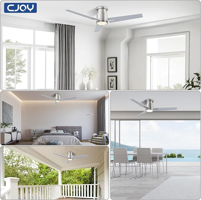 CJOY Ceiling Fan with Lights, 48 Inch Low Profile Ceiling Fans with Light and Remote, Reversible DC, Flush Mount, 3CCT,Dimmable, Modern Indoor/Outdoor Design for Bedroom, Living Room, Patio, Kitchen