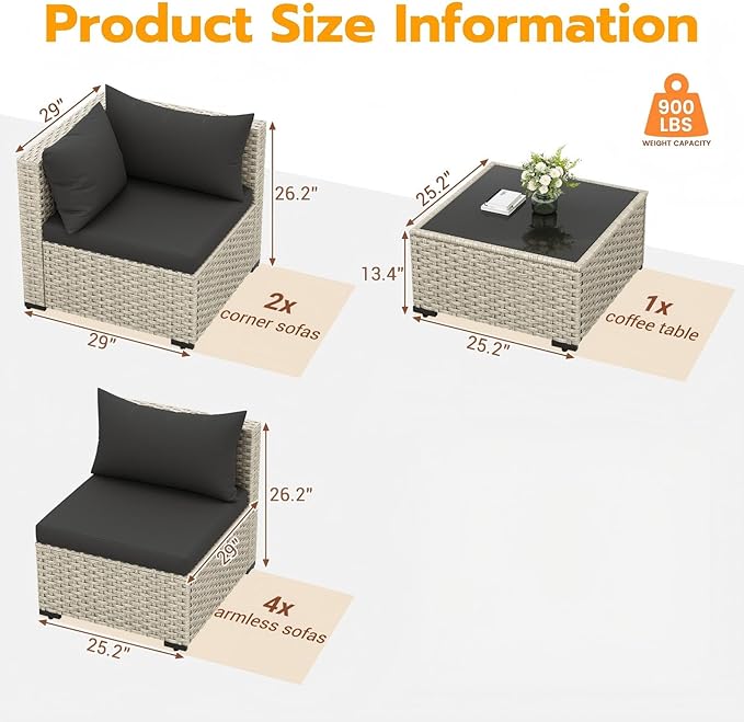 UDPATIO Outdoor Patio Furniture Set, 7-Piece Modular Sectional Sofa with Tea Table, PE Wicker Outdoor Conversation Set for Patio, Garden, Backyard Black