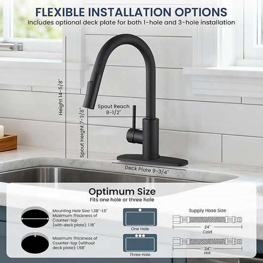 KPW Kitchen Faucet with Pull-Down Sprayer, Matte Black, High-Arc Single Handle, Stainless Steel, Fits 1 or 3 Hole Sink