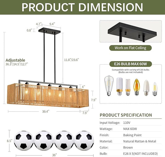 Rattan Chandelier 5-Light Linear Chandeliers for Dining Room, 40 Inch Boho Rectangle Chandelier Hand Woven Kitchen Island Lighting Wicker Chandelier for Bar Over Table
