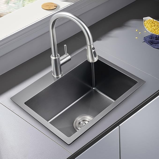 Kitchen Sink Drop in - TSIBOMU 20 x 16 Inch Kitchen Sink Topmount 18 Gauge Stainless Steel Single Bowl Overmount Bar Sink(Black)