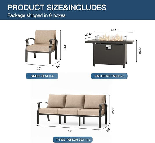Metal Outdoor Patio Furniture Set for 10,Aluminum Patio Sectional Set w/Propane Fire Pit Table,Outside Furniture w/Removable Sponge Cushion for Porch, Balcony, Yard,Sand