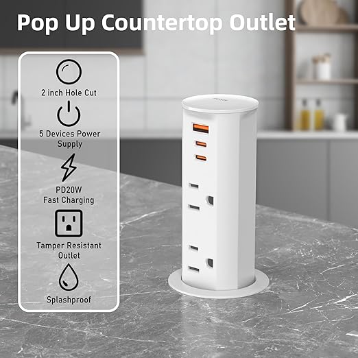 ANNQUAN 2 inch Space Saver Pop Up Outlet for Countertop with PD20W USB Ports,2 Outlets Tamper Resistant,Splashproof Pop Up Socket,Desk Power Grommet for Home Office Kitchen White (ETL Listed)