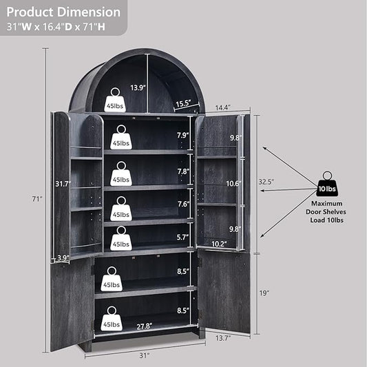IFBUY 71" Tall Arched Bathroom Storage Cabinet, Modern Fluted Storage Cabinet w/Doors, 3 Adjustable Shelves, 6 Door Shelves, Wood Freestanding Cabinet for Bathroom, Entryway, Hallway, Dark Grey