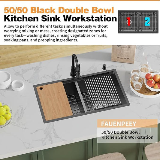 Black 33"x19" Kitchen Sink Workstation - 50/50 Double Bowl Stainless Steel Undermount Kitchen Sink Built-in Ledge Drop In Workstation Sink For Placing/Sliding Accessories-Cutting Board,Drying Rack