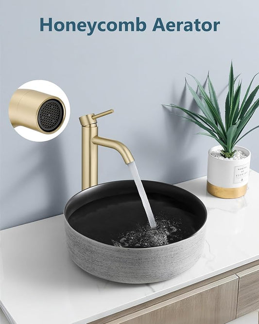 Aolemi Vessel Sink Faucet โ SUS304 Stainless Steel Tall Bathroom Faucet,Single Lever Handle,1 Hole Bathroom Faucets with Supply Lines and Pop Up Drain,Brushed Gold