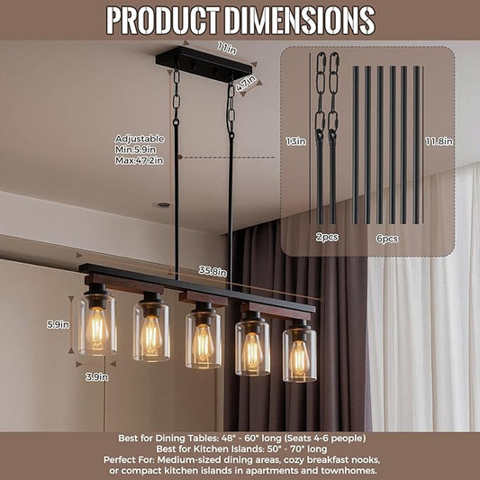 5-Light Kitchen Island Lighting & Farmhouse Dining Room Light Fixtures Over Table, Rustic Wood Linear Chandelier Adjustable Ceiling Hanging Pendant - Rotating Design, Customizable Shapes, Clear Glass