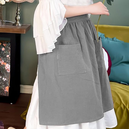Cityelf Cotton Linen Half Apron for Women Vintage Waist Apron Ruffle Plain Bright Color for Cooking Painting Artwork