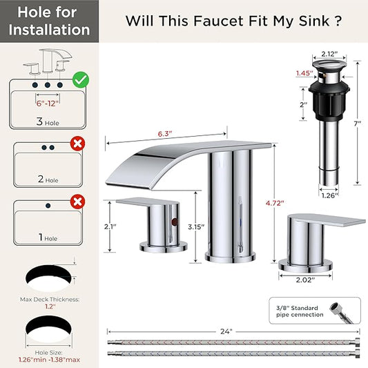 FORIOUS Upgrade Chrome Waterfall Bathroom Faucets 3 Hole, 8 Inch Widespread Modern Bathroom Sink Faucet with Metal Pop-up Drain and Supply Lines, Two Handles for Vanity, Farmhouse, Remodel