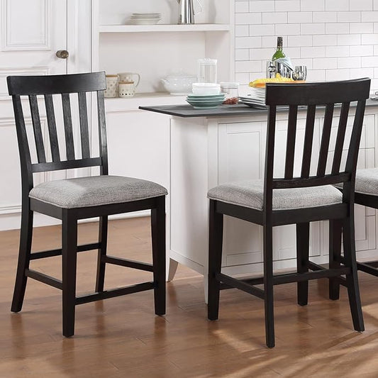 Steve Silver Halle Counter Chair w/Built-in Footrest, Set of 2 Counter Chairs, Schoolhouse Back, Upholstered Seat, Solid Wood Legs, Schoolhouse Styling, Ebony Finish, 20" L x 23.5" W x 42" H, Brown
