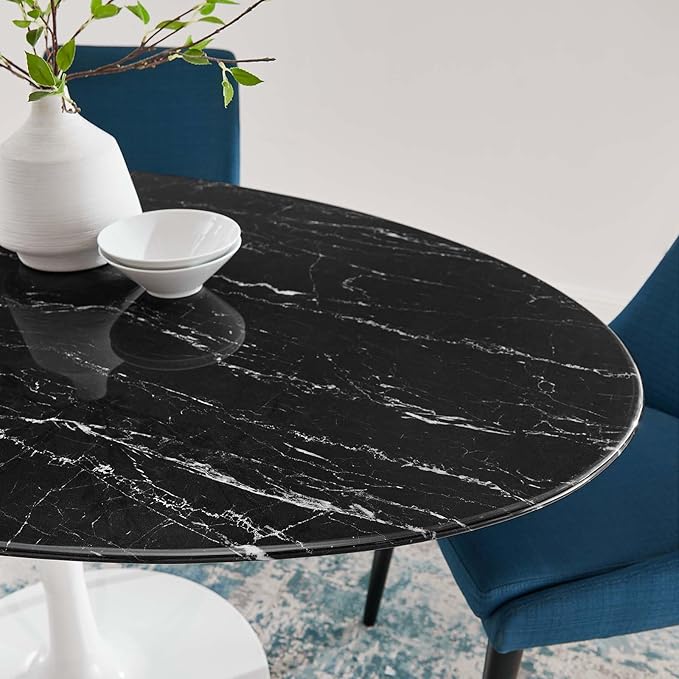 Modway Lippa Oval 60" Artificial Marble Mid-Century Modern Dining Table in White Black