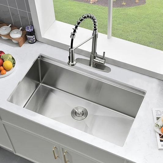 33 Inch Undermount Kitchen Sink, 33×19 Stainless Steel Undermount Kitchen Sink Ledge Workstation 16 Gauge Handmade Deep Single Bowl Kitchen Sinks with Cutting Board