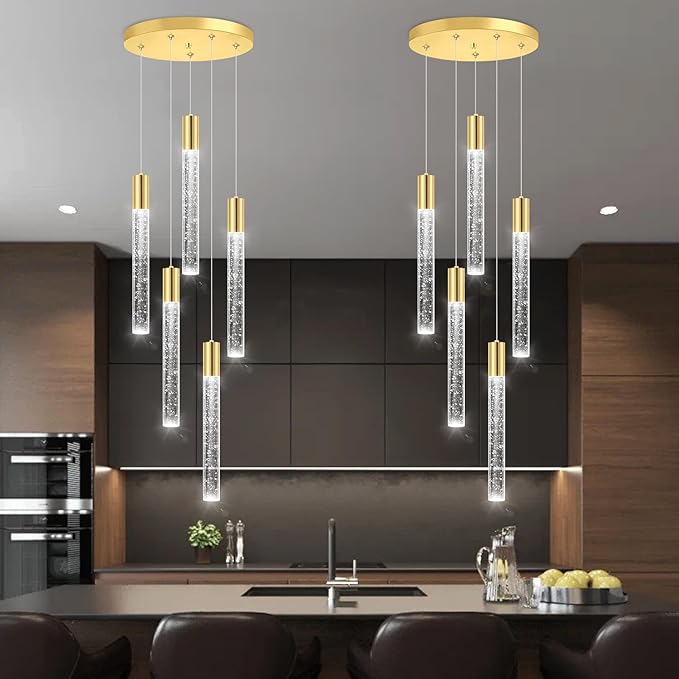 HAIXIANG 5-Lights Chandelier Modern Crystal Glam Light Remote Dimmable Pendant Lighting for Kitchen Island Dining Room Shiny Gold Light