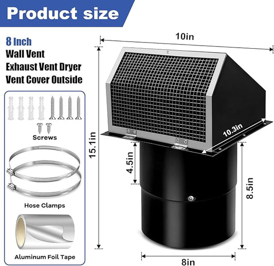 8 Inch Hooded Wall Vent with Screen and Damper, 8 Inch Range Hood Wall Vent Cap, Wall Exhaust Vent Cover, Outdoor Hooded Wall Vent for Dryer Vent, Range Hood, Kitchen, Black