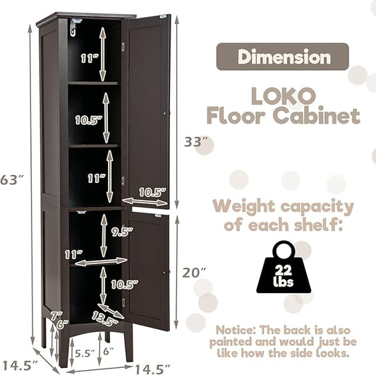 LOKO Tall Bathroom Floor Cabinet, Multifunctional Storage Cabinet with Doors, Narrow Slim Linen Tower for Bathroom, Living Room or Kitchen, 14.5 x 14.5 x 63 inches (Espresso)