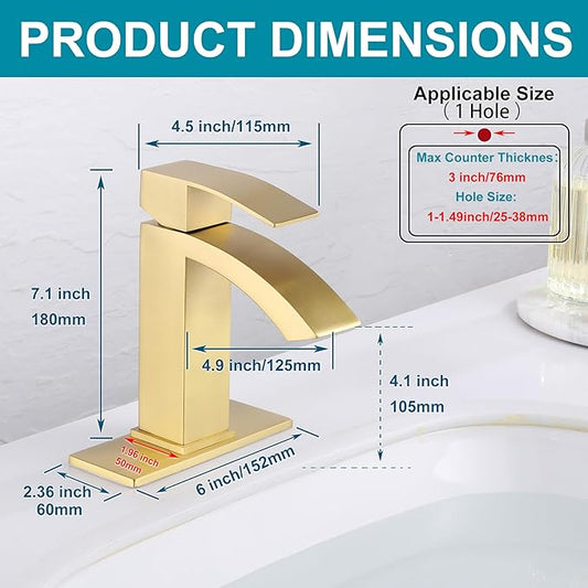 Gold Bathroom Faucet, Waterfall Bathroom Sink Faucet with cUPC Supply Hose and Pop Up Drain, Single Handle Single Hole Modern Faucet for Bathroom Vanity