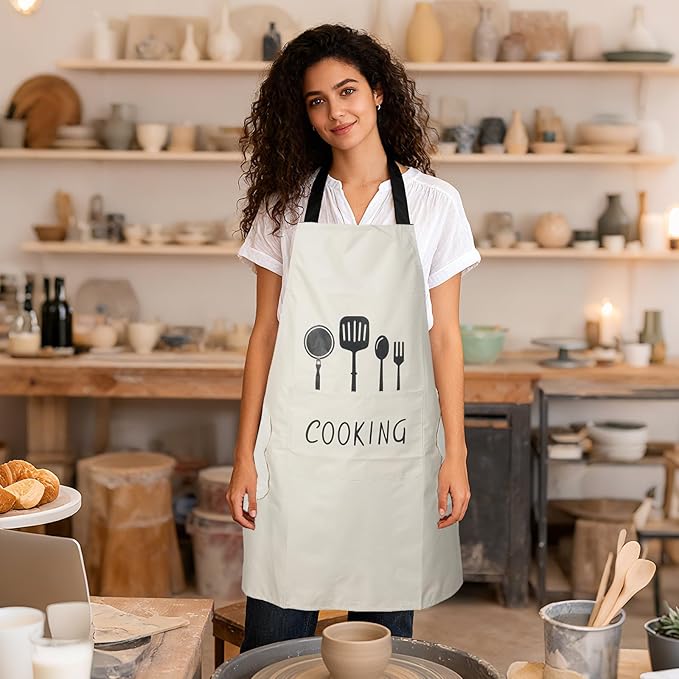 DILLMAN Women Kitchen Apron with Hand Wipe Pockets,Big Pocket,Hand-wiping, Waterproof for Cooking Baking