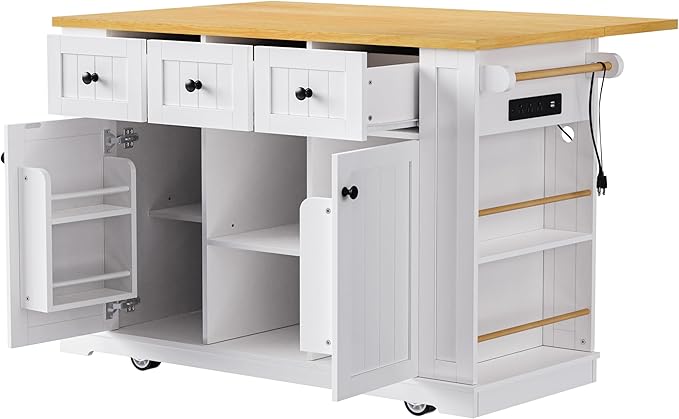 53'' Large Kitchen Island with 3 Drawers & Power Outlet & Door Internal Storage Rack & 5 Open Side Racks, Kitchen Storage Cart with 5 Wheels & Drop Leaf & 5 Open Side Racks, White