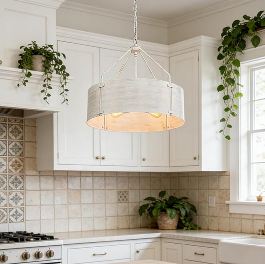 Drum Chandeliers for Dining Room,22" Distressed White Metal Dining Room Light Fixture Over Table, Industrial Vintage Rustic French Pendant Light for Kitchen,Entryway,Living Room