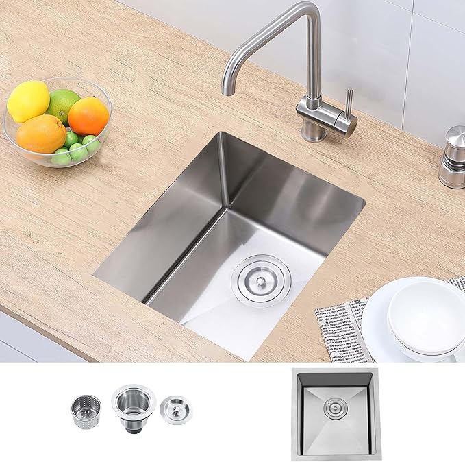 Hotis 15" x 17" Undermount Bar Sink, Stainless Steel Prep Small Kitchen Bar Sink for Rv/Outdoor, Single Bowl Design Brushed Nickel Sink With Strainer