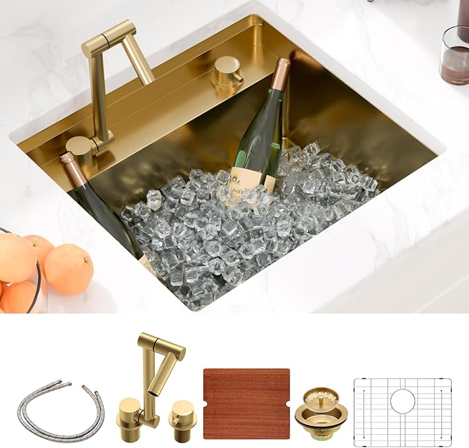 Sarlai Gold Undermount Bar Sink - 21x19 Inch Outdoor Kitchen Sink RV Workstation Gold 16 Gauge Stainless Steel Single Bowl Handmade Outdoor BBQ Sinks With Foldable Faucet