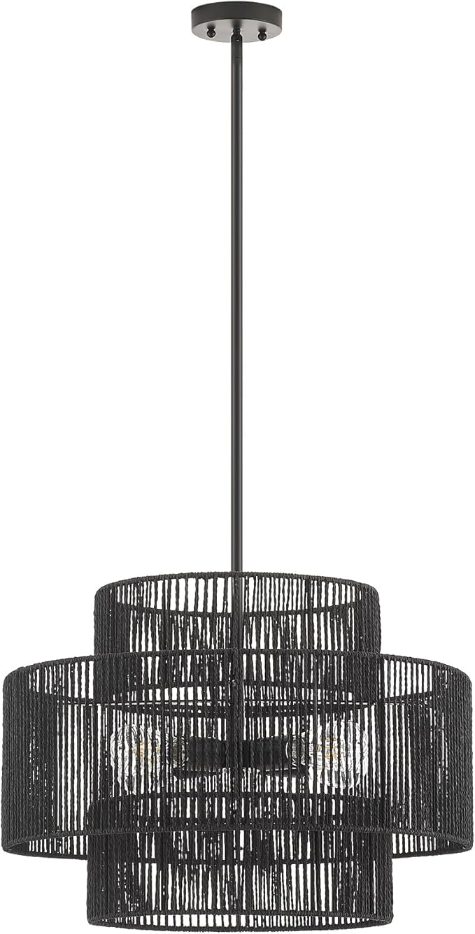 24” Boho Hand Woven Rattan Chandelier 3 Round Adjustable 4-Light Large Pendant Light for Kitchen Island Dining Room Living Room Hallway, Black, UL Listed