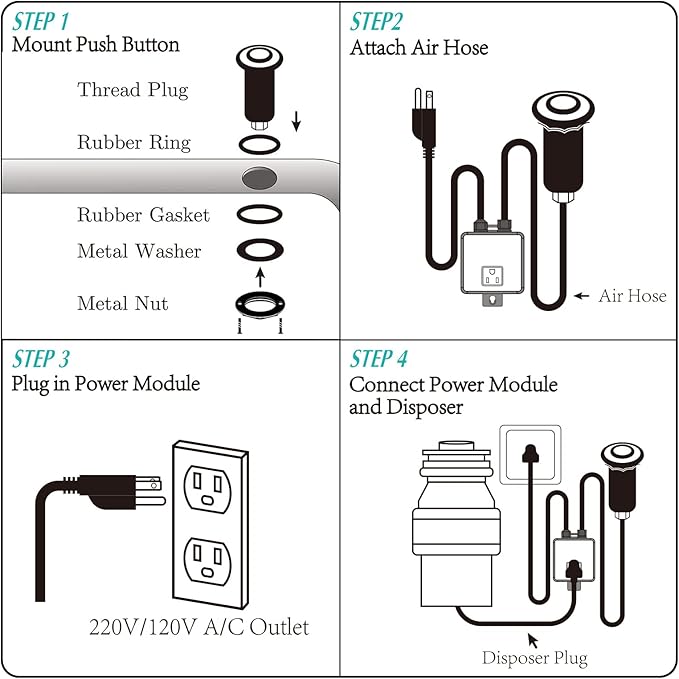 BESTILL Garbage Disposal Air Switch Kit, Brushed Brass Stainless Steel Push Button, UL Listed, Sink Top On/Off Switch for Food Waste Disposer