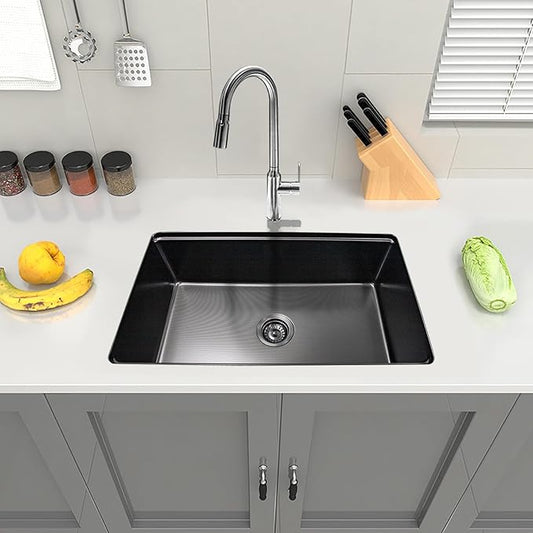 Black Sink, 304 Stainless Steel Single Bowl Undermount 30×18 Inch Workstation Kitchen Sink with Sink Grid and Cutting Board
